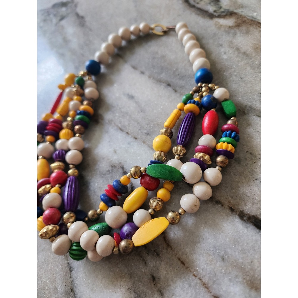 VTG 80s Multi Strand Chunky Wood Bead Necklace Multicolor Boho Statement